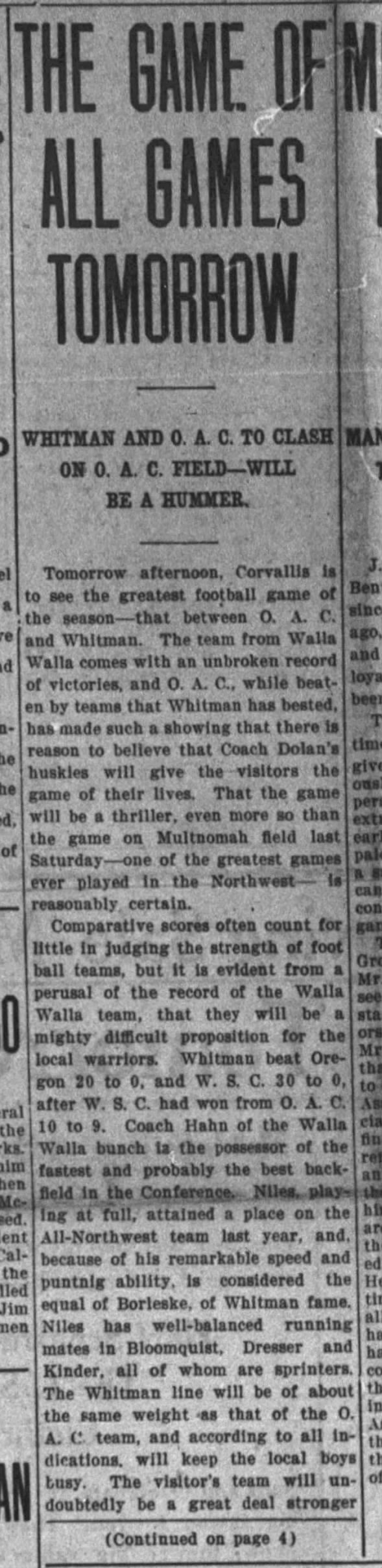 The Game of All Games Tomorrow: Oregon Agricultural College v. Whitman College Football